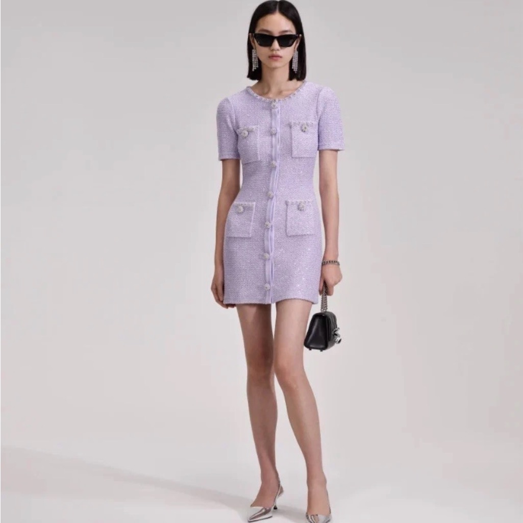 Self Portrait Sequin Purple Single-Breasted Short Sleeve Knit Dress Size M